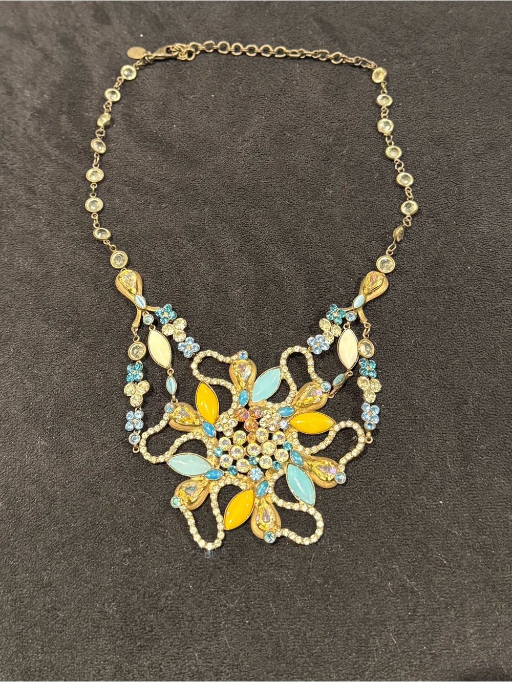 Sorrelli Statement Bib Necklace Aqua Yellow Crystal Floral Gold Tone Adjustable